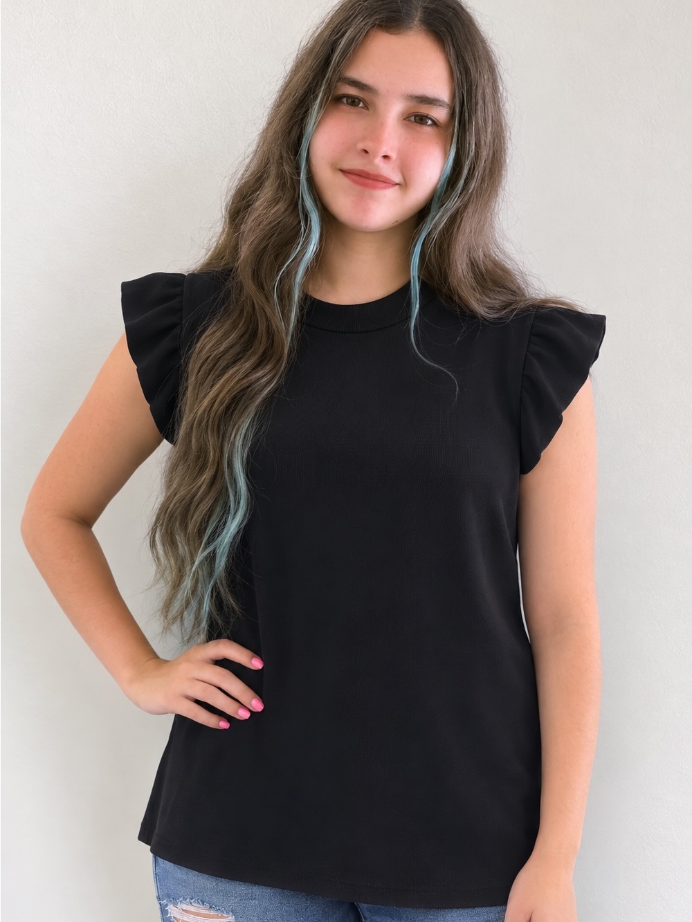 Black Flutter Sleeve Knit Top